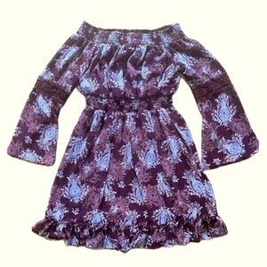 Adam Levine Off Shoulder Dress Purple, Bell Sleeves Floral Romantic Lace Medium